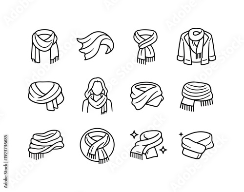 Scarf Fashion. Line outline icon set of Scarf Fashion: scarf draped neck, flowing fabric,