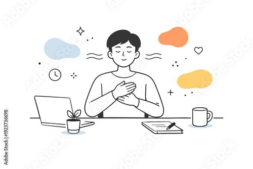 Stress management at work. A person practicing deep breathing at a desk with soft abstract shapes floating around. Quiet and supportive scene emphasizing