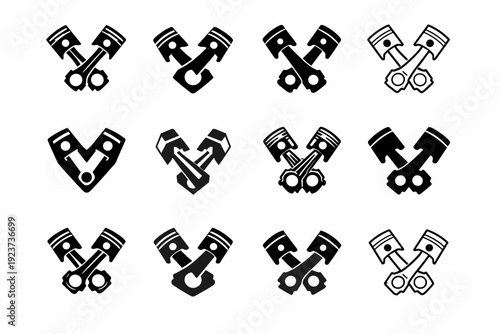 Machine parts illustration. Icon set. Set Logo of machine parts: piston. harmonious logo variations of the same emblematic concept, each with different
