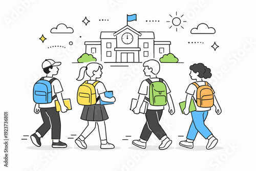Back to school scene. Students walking together toward a school building with backpacks and notebooks. Fresh start mood, light excitement,
