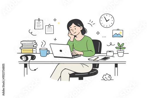 Comfortable Remote Workspace. Everyday imperfections aesthetics. Remote work scene with slightly untidy background, chair not perfectly centered, relaxed body