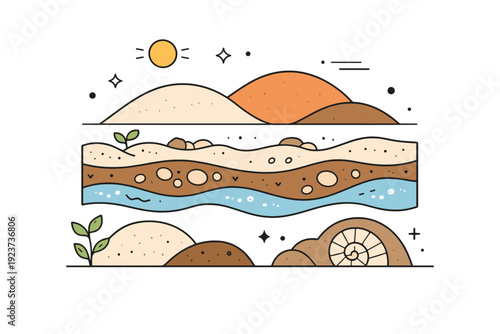 Natural clay and mud surfaces. Abstract landscape of rounded forms evoking soil layers and sediment, arranged with calm geometry. Grounded,
