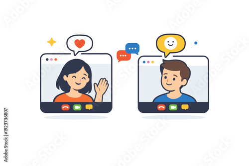 Staying close from afar illustrated by a simple scene of video call screens with friendly expressions, reflecting presence, empathy and