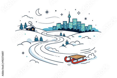 Winter night adventure. Sled track winding down a snow hill with city skyline softly glowing, subtle motion cues in snow. Calm, dynamic, and