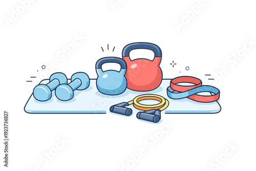 Micro-workout equipment close-up. Simple dumbbells, kettlebells, or resistance bands arranged neatly on a floor mat, highlighting small-scale home fitness