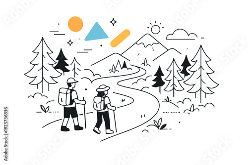 Mountain forest trail. A winding path through a dense forest with hikers walking, abstract floating shapes and subtle decorative lines emphasizing depth and