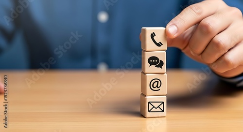 Hand Placing Contact Us Icon on Wooden Block Stack