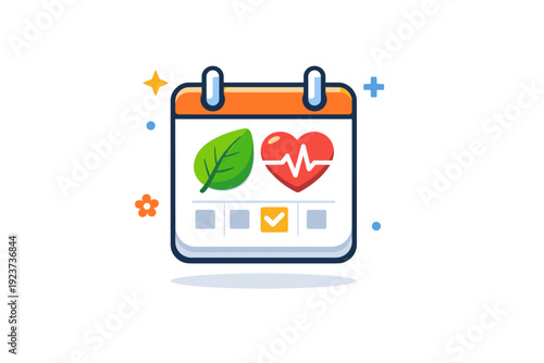 Spring healthcare concept positive daily habit metaphor showing a calendar page with a leaf and heart symbol, representing routine checkups,