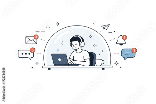 Emotional withdrawal in office life. A character wearing headphones at a workstation, creating a personal bubble while notifications and
