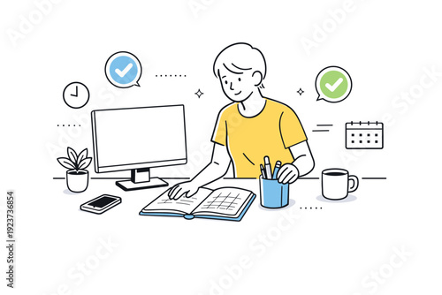 Home office organization. Person arranging desk items like planner, pen holder, and monitor, small check icons floating around. Order, clarity, and productive