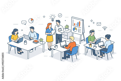 Isometric office scene. A clean isometric workspace with desks, laptops, and people calmly working together. The scene shows structure,
