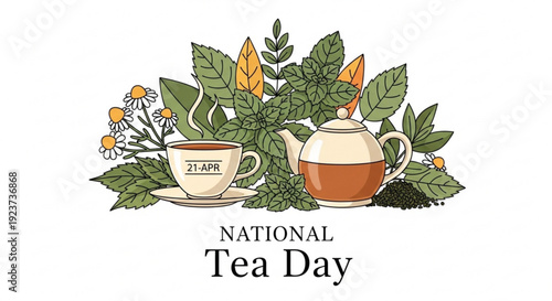 National tea day celebration with tea cup and pot surrounded by leaves and flowers