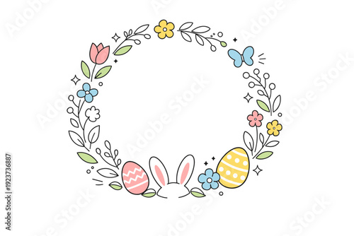 Easter floral wreaths. Calm editorial scene with a circular wreath of spring flowers and leaves, soft pastel accents expressing freshness, renewal, and gentle