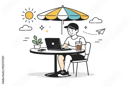 Freelancer work from summer cafes. A freelancer sits at an outdoor cafe table with a laptop and iced coffee, sunlight and soft shadows creating a relaxed