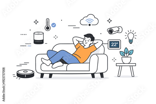 Smart home technology. A person relaxes on a sofa while smart devices work quietly in the background. Feeling of ease, safety, and automated