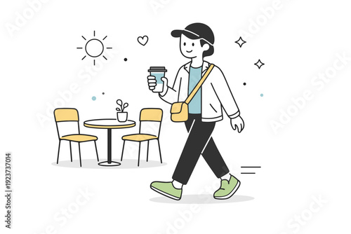 First outdoor coffees. Someone walking slowly with a takeaway coffee, cafe chairs visible nearby. A simple moment celebrating the return of