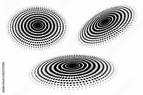 Comic concentric halftone dot tile. A concentric comic halftone wallpaper tile is illustrated in three views: direct top-down view, rotated side view, and