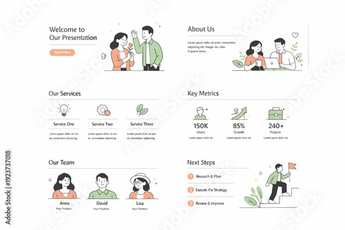 Minimal spring presentation set. Elegant and airy templates with focus on content and readability. White space, soft spring tones, and subtle decorative