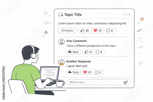 Digital public forum. A simplified interface with threads, replies, and reaction icons, viewed by a relaxed user. Scene highlights