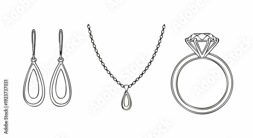 Minimalist Jewelry Set with Earrings Necklace and Diamond Ring Illustration