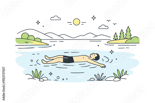 Swimming in natural lakes. Person floating calmly in a clear lake surrounded by gentle shore lines and open sky. Sense of freedom, freshness,