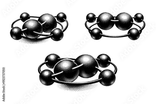 Quantum computing entangled node structure. Black and white dot style with halftone texture and high contrast. Halftone texture with partial