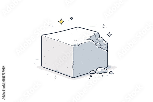 Minimalist concrete detail. A broken edge or chipped corner of a concrete block, with soft debris lines and natural shape irregularity.