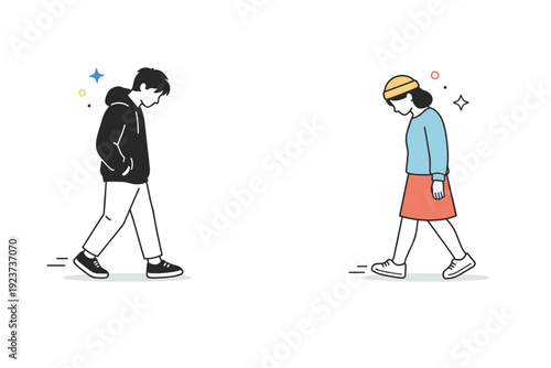 Looking down walking. Two people walk separately, both looking down, maintaining distance. Parallel solitude, shared direction, quiet