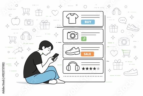 Feeling overwhelmed by consumption. A calm figure scrolling through endless product cards on a screen, icons repeating in the background.
