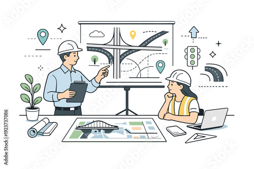 Road infrastructure planning. A calm editorial scene with engineers reviewing road layouts and maps, showing structured planning and long-term development.