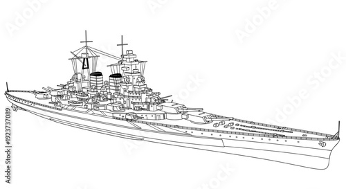 Detailed line drawing of a battleship with complex structures and rigging