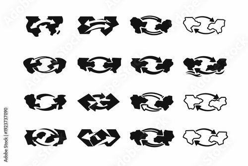 Economic migrants. Icon set. Set Logo of Economic migrants: arrows connecting two countries. harmonious logo variations of the same