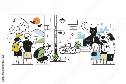 Urban exploration during summer. Friends wandering through a quiet neighborhood, stopping to look at murals and street details. Casual discovery and shared