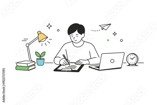 Gender-neutral presentation at work. A neutral-looking character focused on a task, desk and simple tools nearby. Professional calm without gendered visual