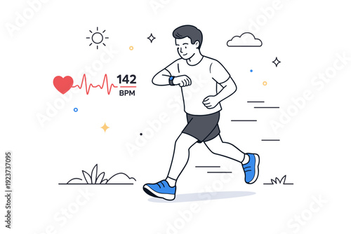 Heart rate monitoring during workouts ? Outdoor running with heart rate tracking. Runner glancing at a fitness watch, light motion lines, steady rhythm and