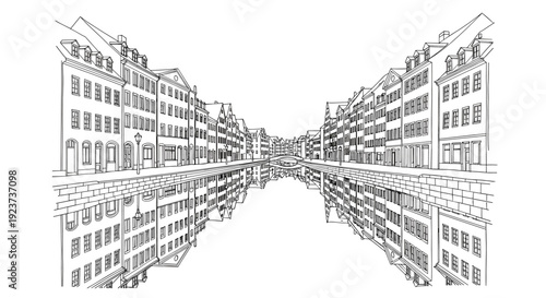 Urban canal reflection with classic architecture in symmetrical line art