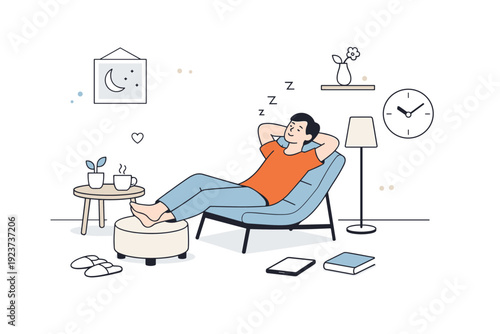 Rest without productivity. A minimal interior shows a person reclining comfortably, surrounded by open space and simple objects, with no