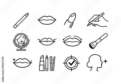 Precision Lip Application. Line outline icon set of Precision Lip Application: lip liner