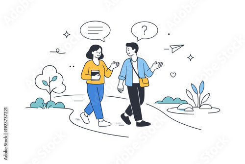 People communicating outdoors. Two people walking and talking along a clean abstract path with nature elements nearby. The scene suggests movement, informal