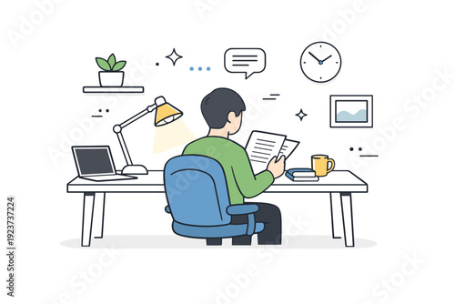 Private concentration space. A compact office room with a desk, chair, and soft lighting, where a person reviews documents in silence. The scene reflects