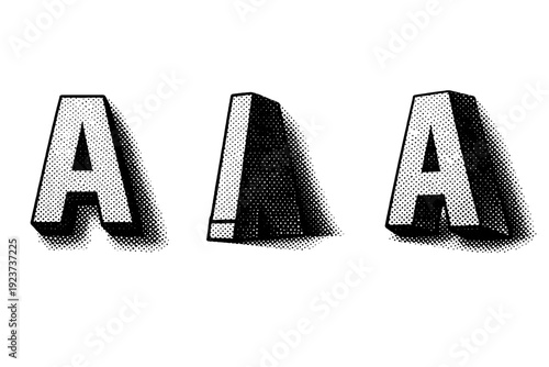 Halftone heavy shadow letter style shown as a single object presented in three views: front view, side view, and three-quarter view. Black
