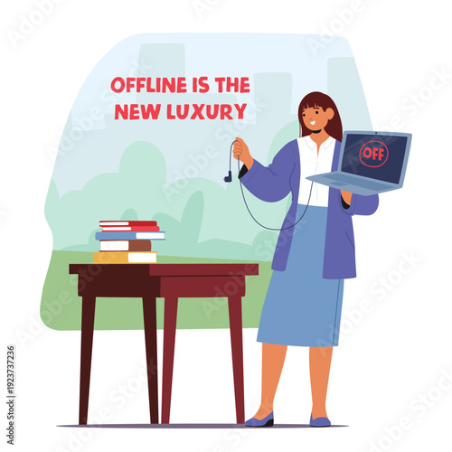 Businesswoman switching off laptop celebrating offline as new luxury by consciously disconnecting