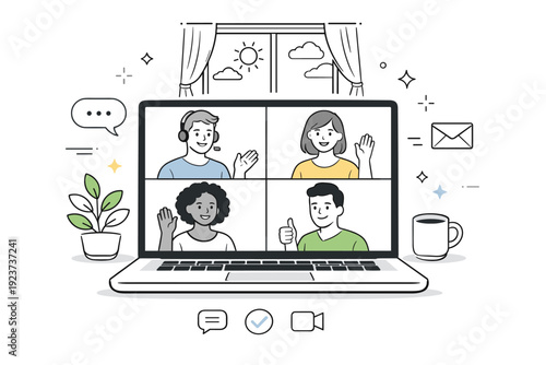 Summer daylight remote meeting. Team members on a video call with bright window light, light curtains and soft shadows visible. Fresh, airy