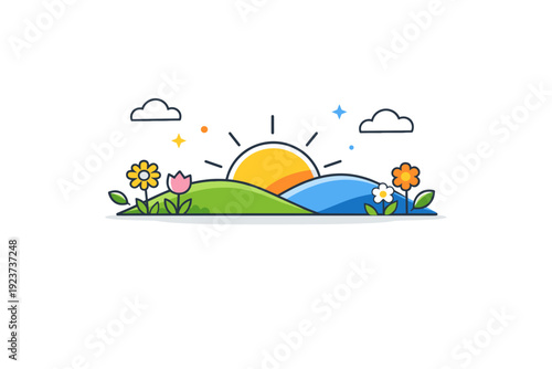 Spring inspiration quote background minimal landscape with sunrise, hills, and subtle floral accents, creating a peaceful setting for