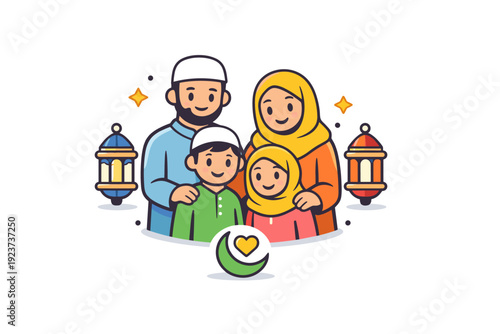 Eid family gathering spring parents and children standing close with soft smiles and decorative lantern elements, symbolizing love,