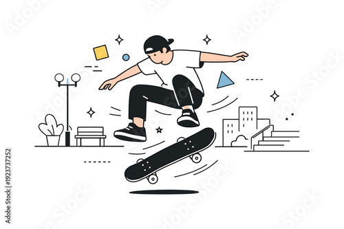 Young skateboarder performing a trick in a stylized urban park setting with abstract shapes