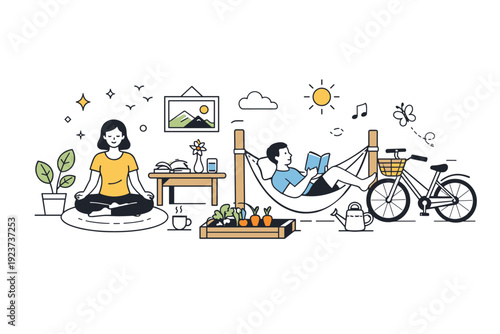 Simple living without poverty aesthetics. A balanced lifestyle scene combining leisure, rest, and a well-kept environment. Simple living as