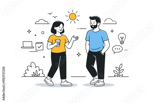 Relaxed Work Break. Summer breaks between work sprints. Two colleagues take a short walk outside, talking casually between focused sessions. Friendly reset