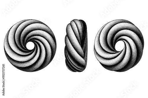 Spiral dot art object shown in three views including front view, side view, and three-quarter view with continuous rotational geometry and
