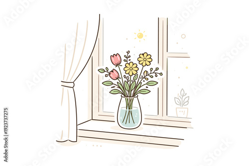 Minimalist Floral Windowsill. Flowers near windows as an everyday detail. Flowers placed casually by a window, slightly off-center, no decorative excess.